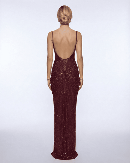 Vega Maxi Dress by Lauven, showing back view of burgundy evening gown with crystal embellishments.