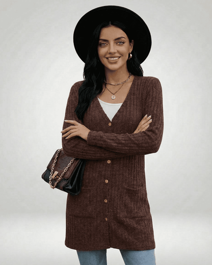 Cairo Cardigan by Lauven, a longline button-front knitwear piece, featuring a classic V-neckline and soft texture.