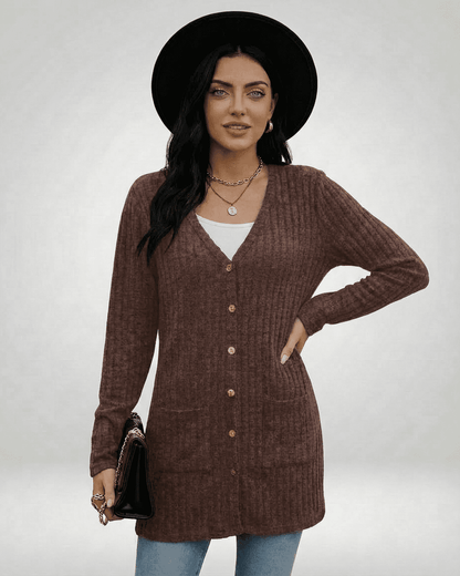 Cairo Cardigan by Lauven, a longline button-front knitwear women’s cardigan in a textured brown finish.