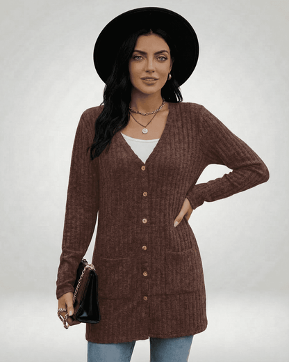 Cairo Cardigan by Lauven – Longline Button-Front Knitwear with V-neckline and textured finish.