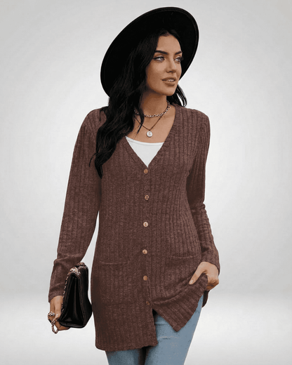Cairo Cardigan by Lauven, stylish longline button-front knitwear with a V-neckline and textured finish.