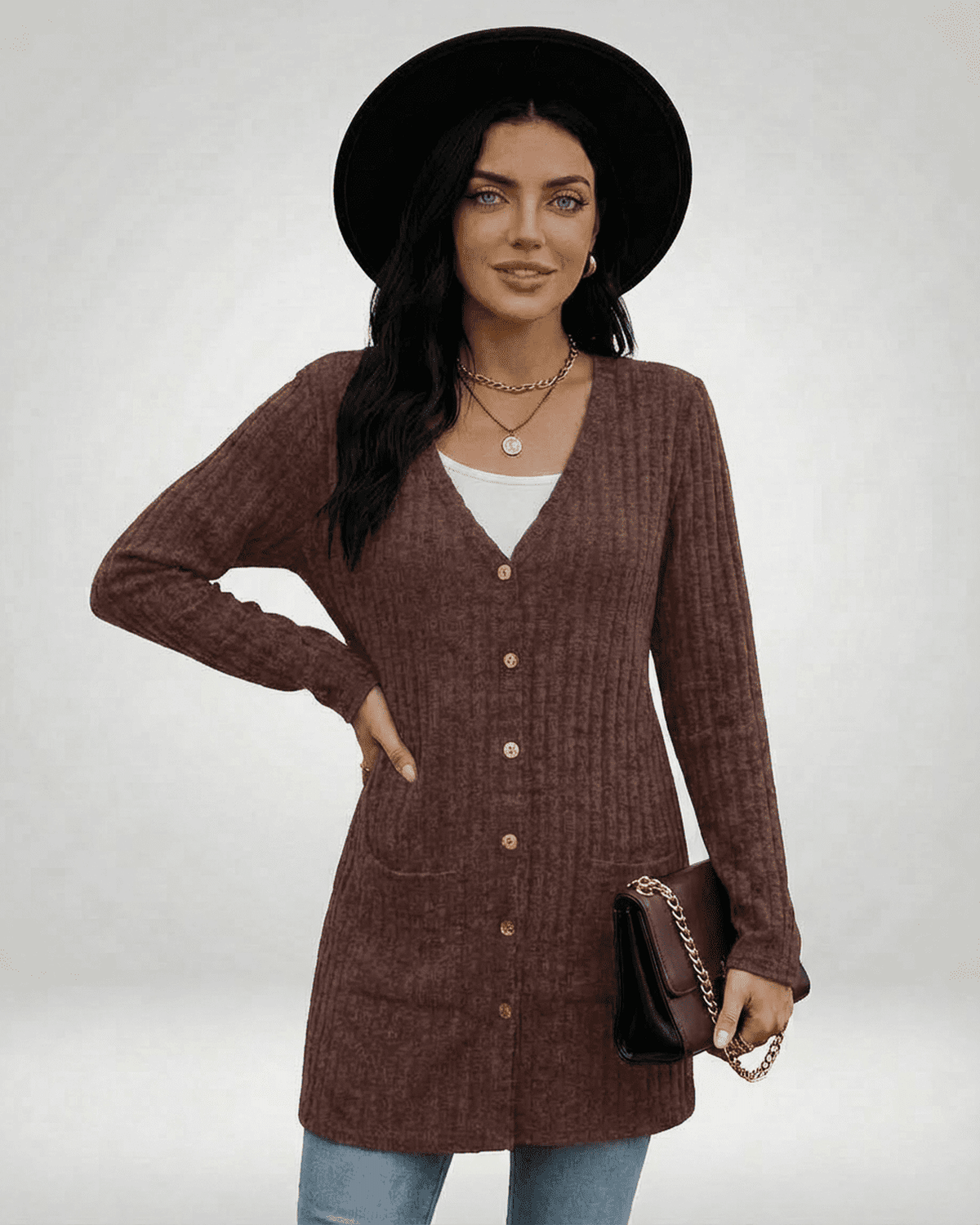 Cairo Cardigan by Lauven, longline button-front knitwear in brown with V-neckline and stylish accessories.