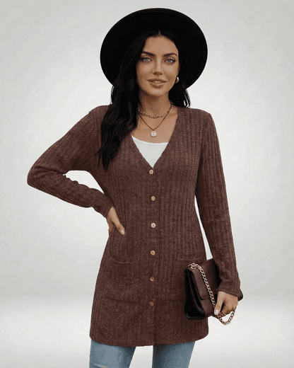 Cairo Cardigan by Lauven, longline button-front knitwear in brown with V-neckline and stylish accessories.