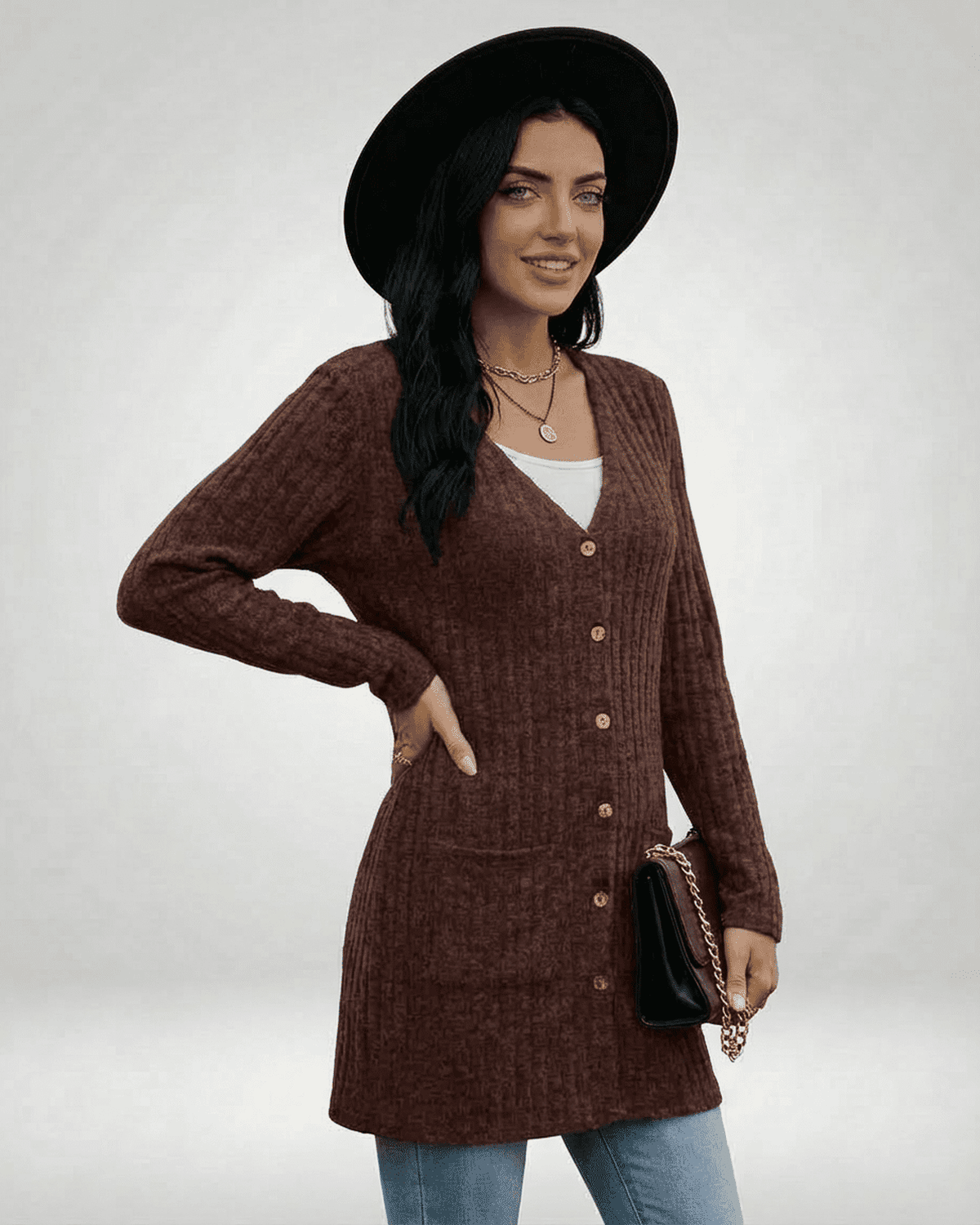 Cairo Cardigan by Lauven, longline button-front knitwear in rich brown with V-neckline and textured finish.