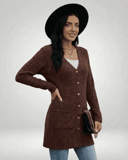 Cairo Cardigan by Lauven, longline button-front knitwear in rich brown with V-neckline and textured finish.