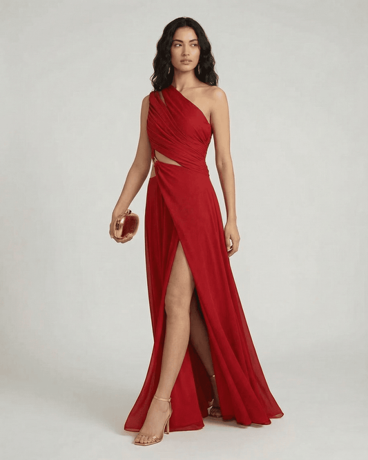 Caldera Maxi Dress by Lauven, one shoulder red maxi dress with high waist and elegant side slit.