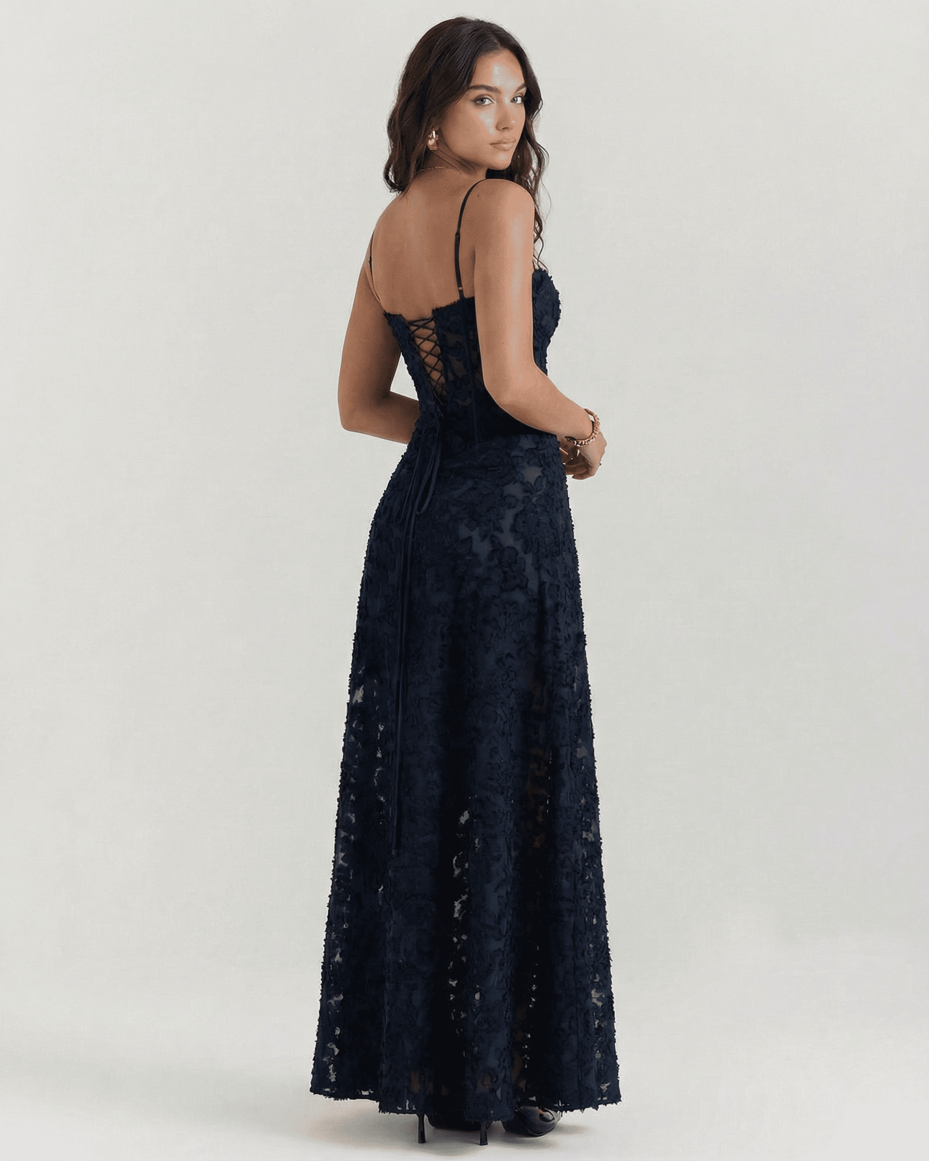 Calindra Maxi Dress by Lauven, featuring navy floral lace and corset back detail, showcasing elegant femininity.