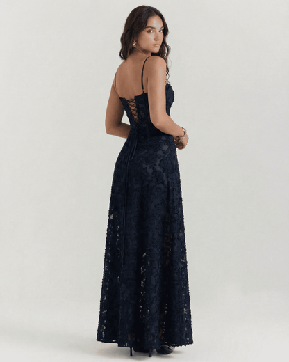 Calindra Maxi Dress by Lauven, featuring navy floral lace and corset back detail, showcasing elegant femininity.