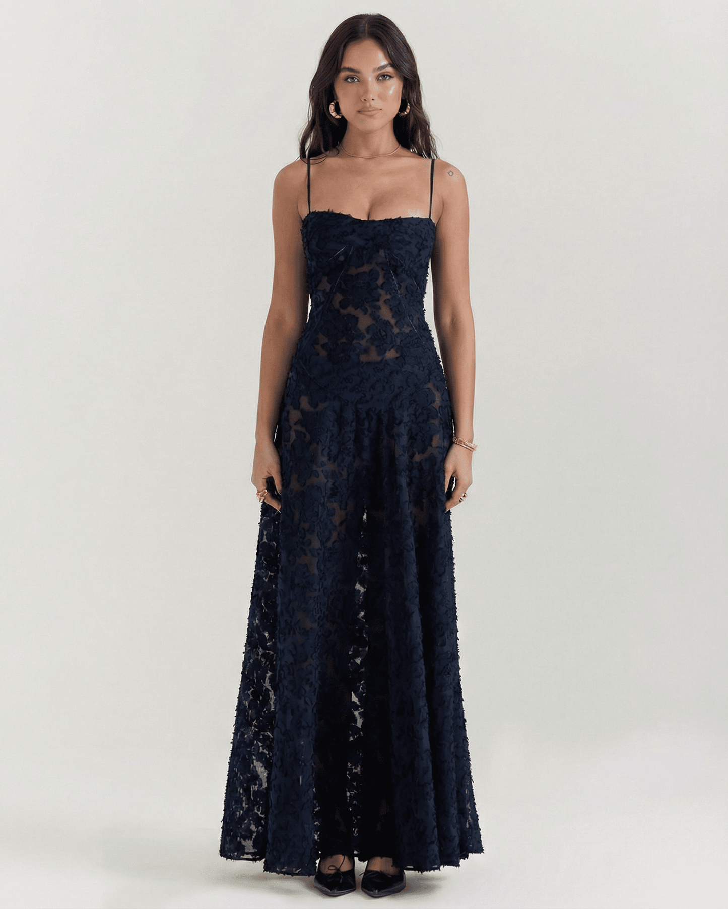 Calindra Maxi Dress by Lauven featuring navy floral lace, sheer design, and corset back detail.