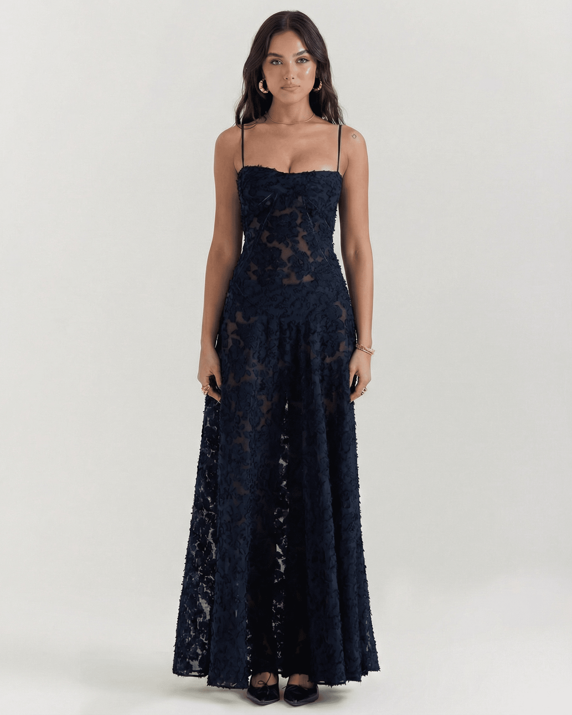 Calindra Maxi Dress by Lauven featuring navy floral lace, sheer design, and corset back detail.