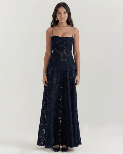 Calindra Maxi Dress by Lauven featuring navy floral lace, sheer design, and corset back detail.