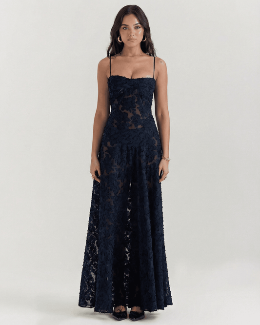 Calindra Maxi Dress by Lauven featuring navy floral lace, sheer design, and corset back detail.