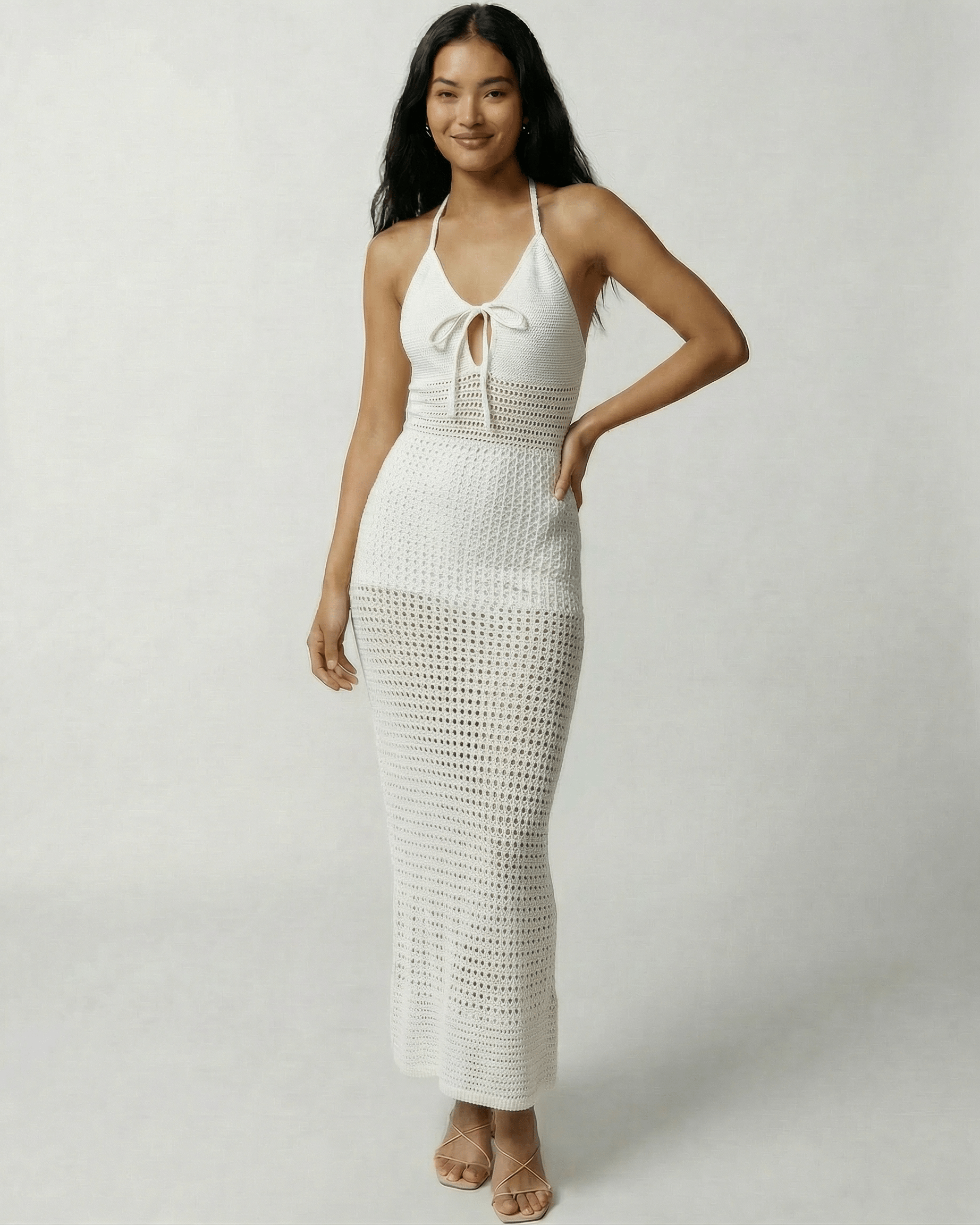 Calista Maxi Dress by Lauven - Crochet Halter Maxi Dress with Open Back in a soft white tone.