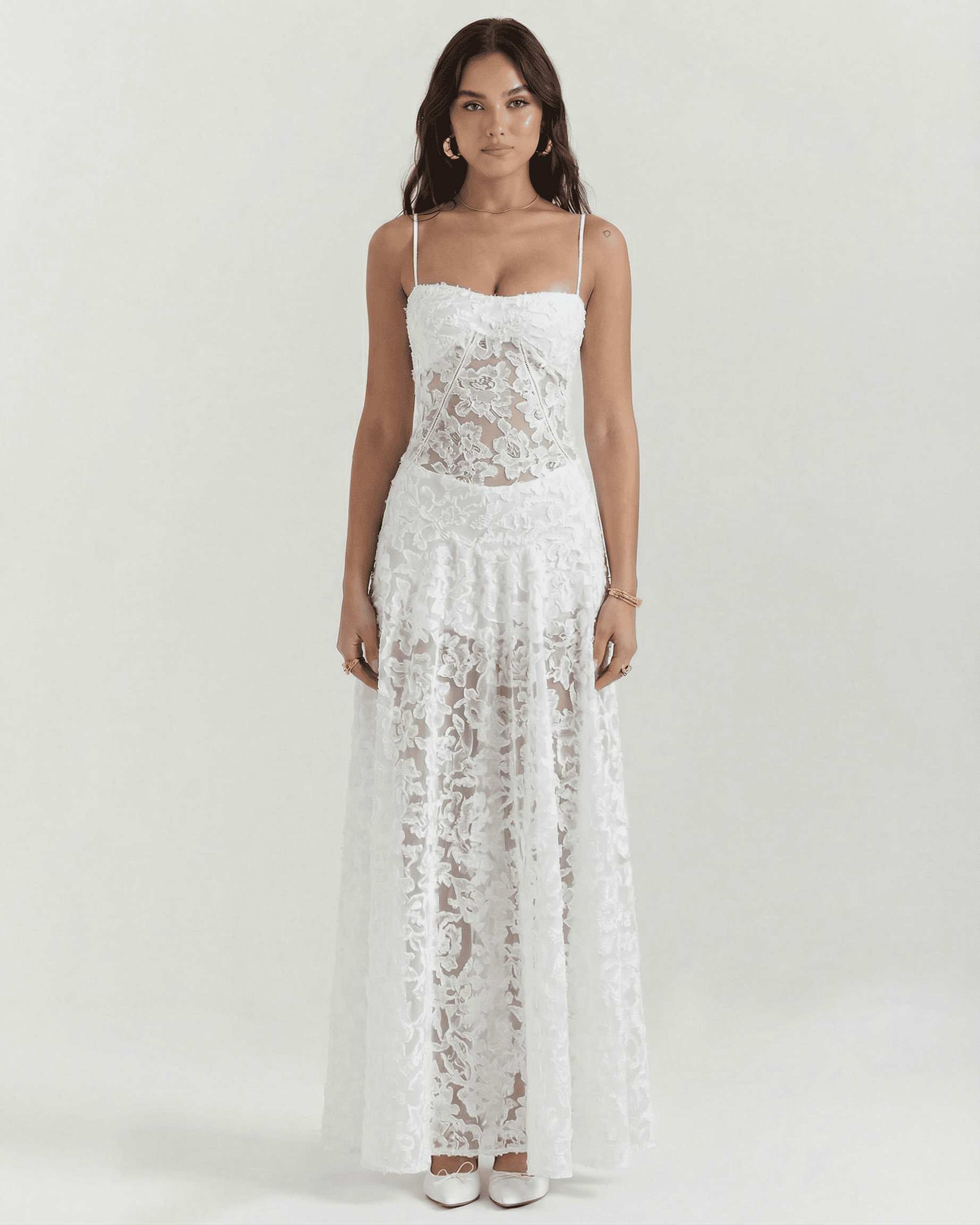 Calista Maxi Dress by Lauven, elegant white floral lace design with corset back and flattering silhouette.