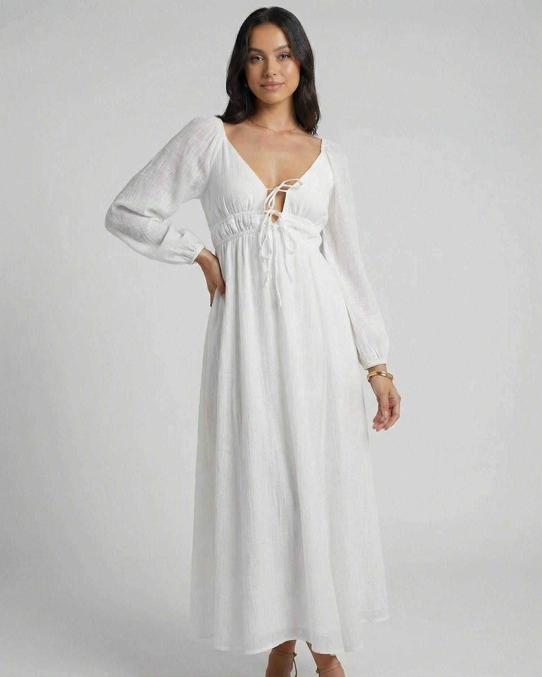 Calista Maxi Dress by Lauven features a V-neck and ankle-length silhouette, perfect for versatile spring styling.