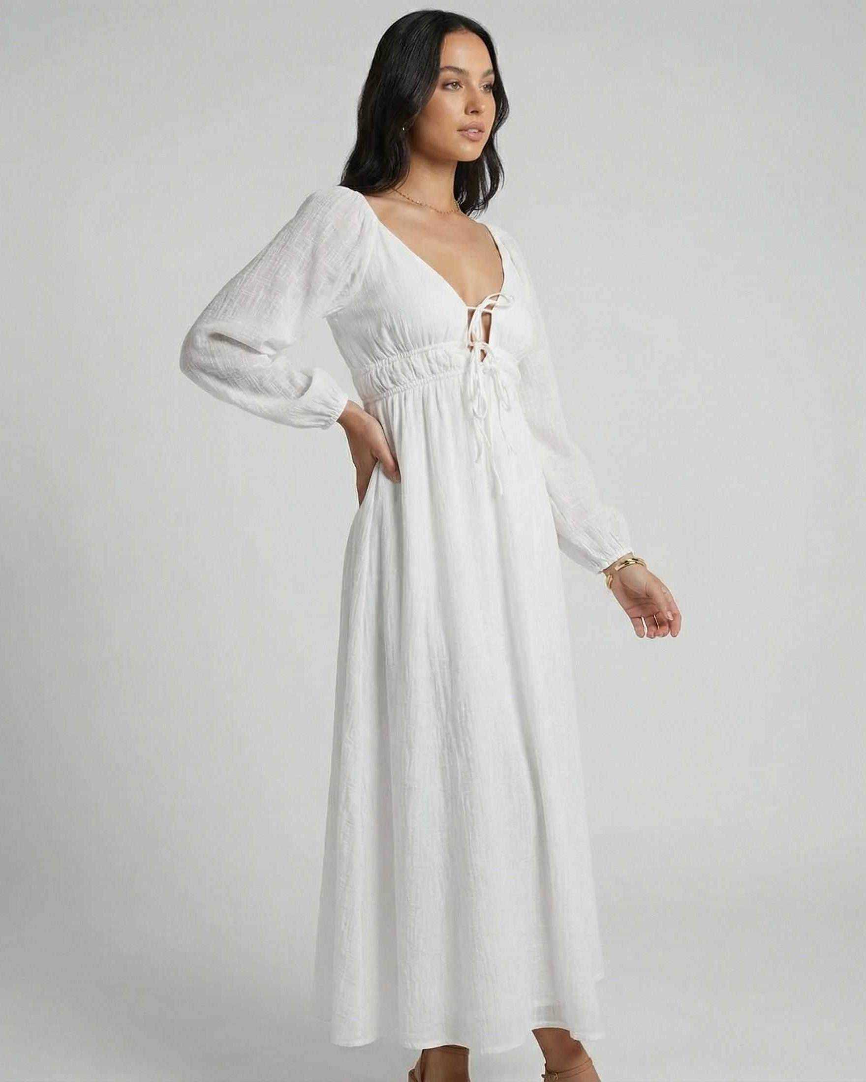 Calista Maxi Dress by Lauven — Elegant ankle-length design with deep V-neckline and flowing silhouette.