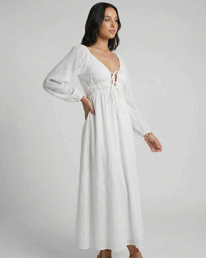 Calista Maxi Dress by Lauven — Elegant ankle-length design with deep V-neckline and flowing silhouette.