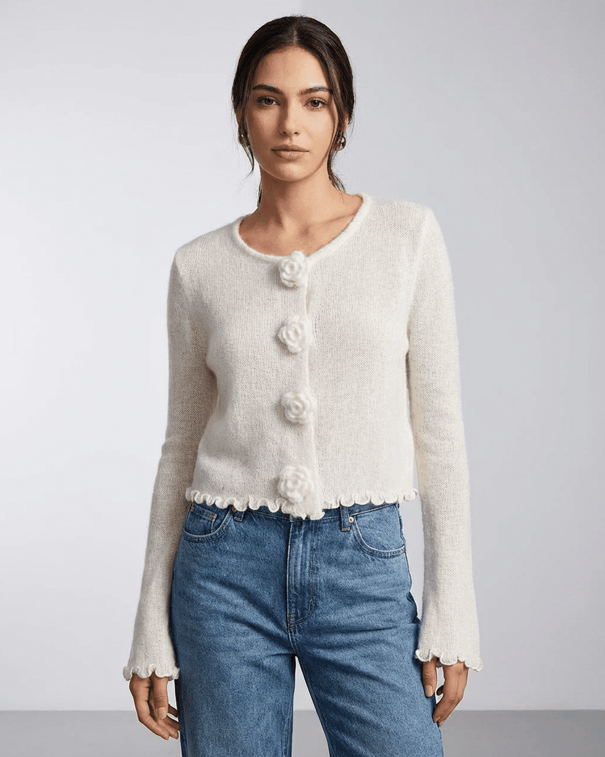 Camellia Cardigan by Lauven featuring floral buttons and a soft knit texture, ideal for women's elevated styling.