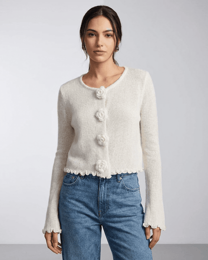 Camellia Cardigan by Lauven featuring floral buttons and a soft knit texture, ideal for women's elevated styling.
