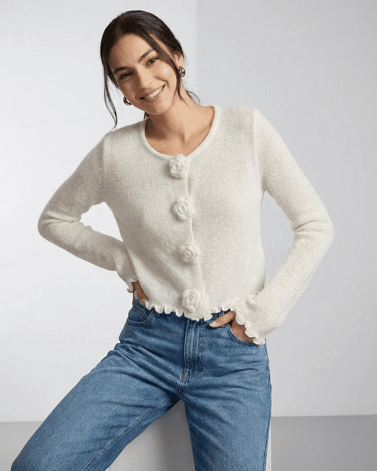 Lauven Camellia Cardigan - Elegant floral button knit cardigan with soft texture and classic style.