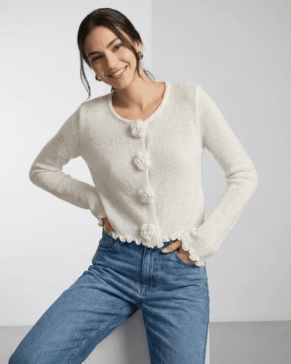 Lauven Camellia Cardigan - Elegant floral button knit cardigan with soft texture and classic style.
