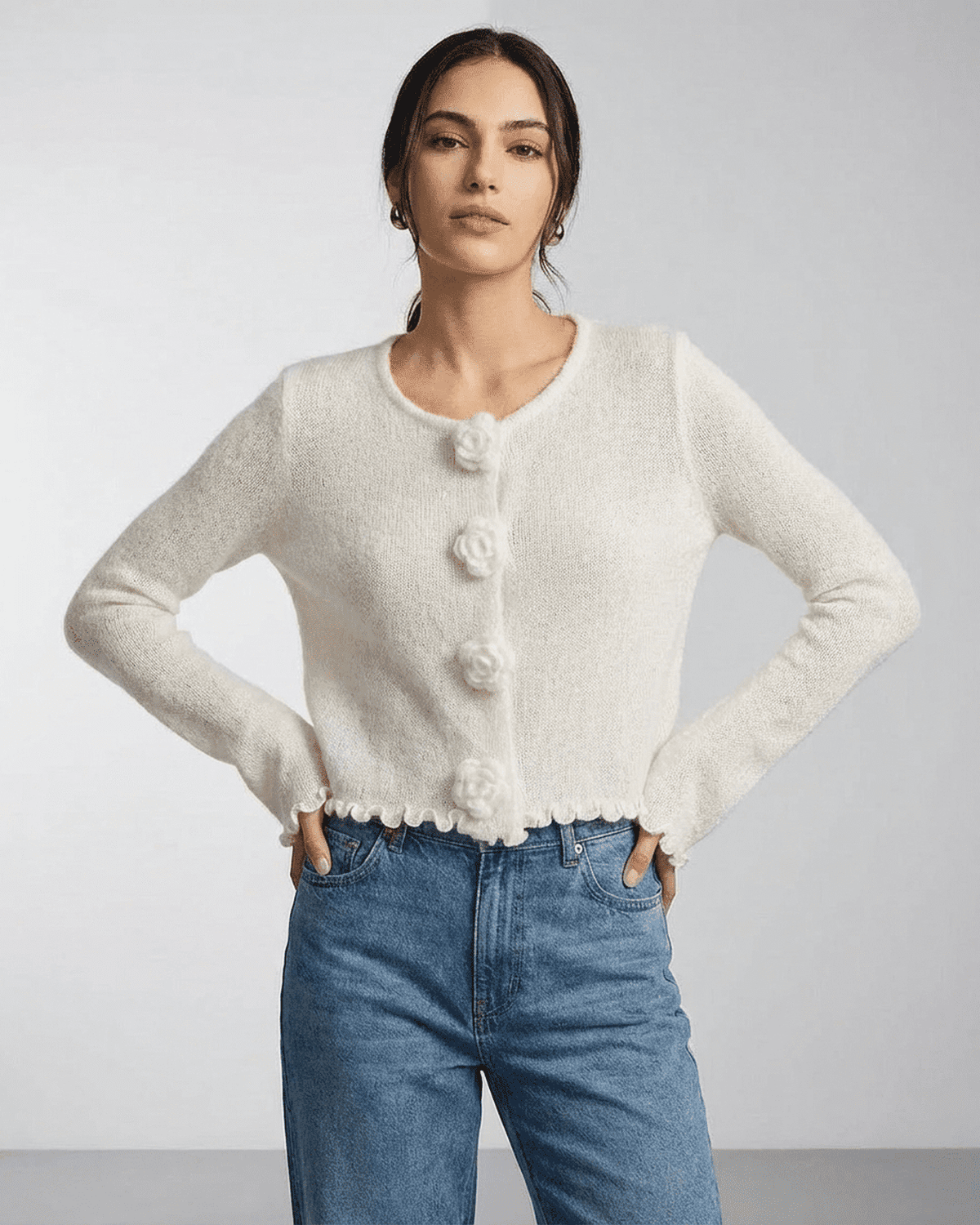 Camellia Cardigan by Lauven, a floral button knit cardigan with soft texture and elegant design.