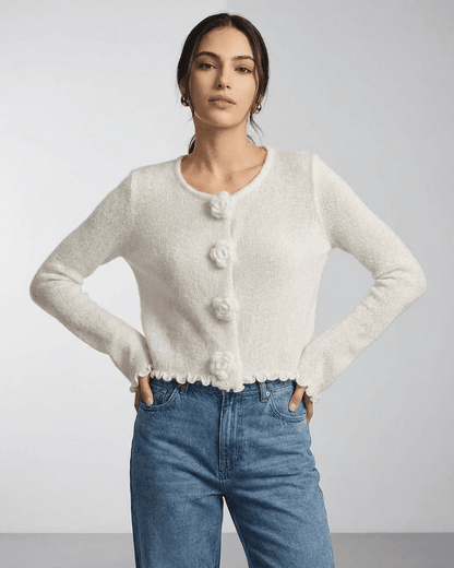 Camellia Cardigan by Lauven, a floral button knit cardigan with soft texture and elegant design.