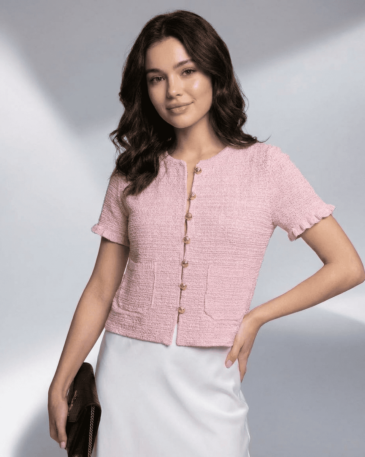Camellia Cardigan by Lauven, short sleeve buttoned knit with O-neck in soft pink.