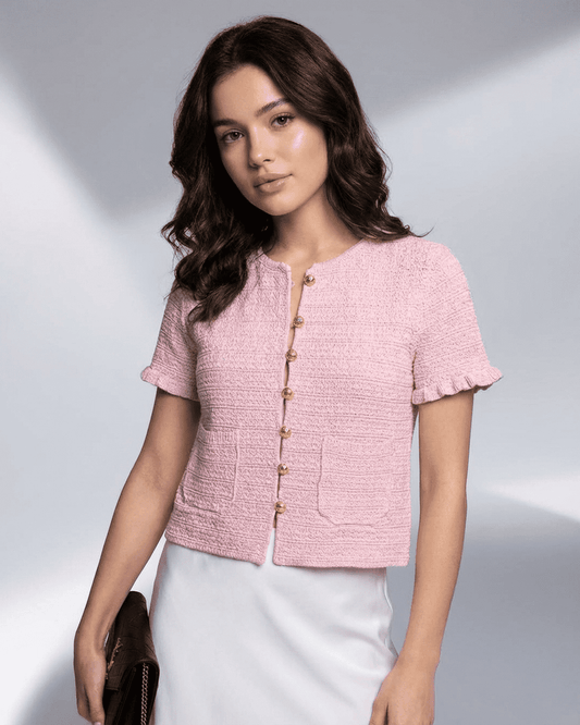 Lauven Camellia Cardigan - Short Sleeve Buttoned Knit in Pink, perfect for warm-weather styling.