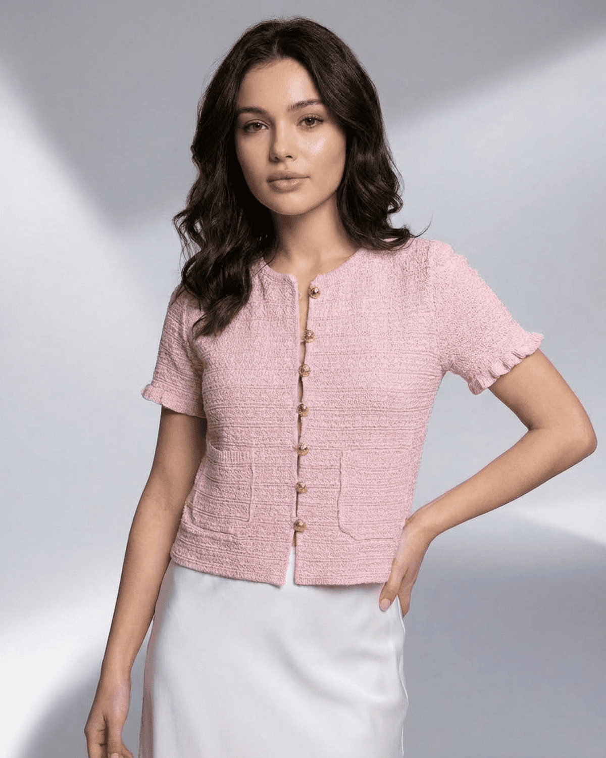 Camellia Cardigan by Lauven - Short Sleeve Buttoned Knit with O-Neck in soft pink color.