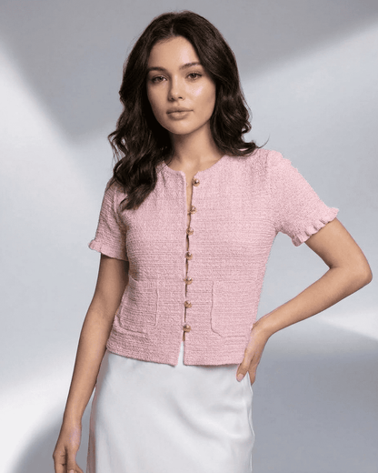 Camellia Cardigan by Lauven - Short Sleeve Buttoned Knit with O-Neck in soft pink color.