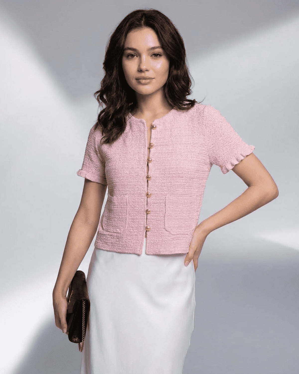Lauven Camellia Cardigan - Short Sleeve Buttoned Knit with O-Neck in pink, perfect for transitional layering.
