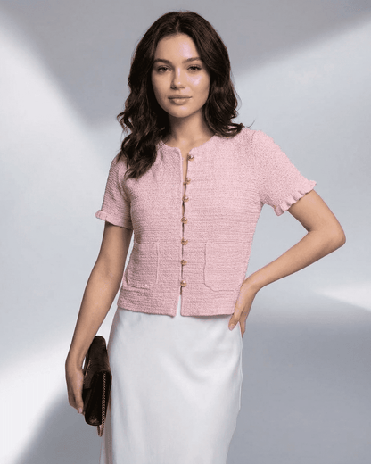 Lauven Camellia Cardigan - Short Sleeve Buttoned Knit with O-Neck in pink, perfect for transitional layering.