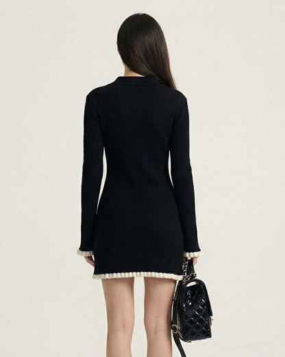 Capri Mini Dress by Lauven - Black long sleeve bodycon mini dress with contrast trim and ribbed texture.