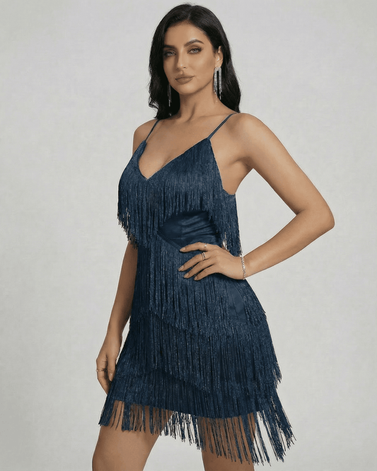 Capri Mini Dress by Lauven, featuring layered fringe detailing and a refined V-neckline in rich navy tone.