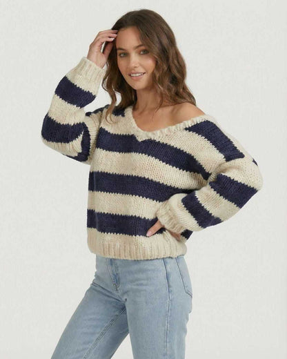 Capri Pullover by Lauven - Striped V-Neck Knit Sweater in Navy and Ivory with Relaxed Fit
