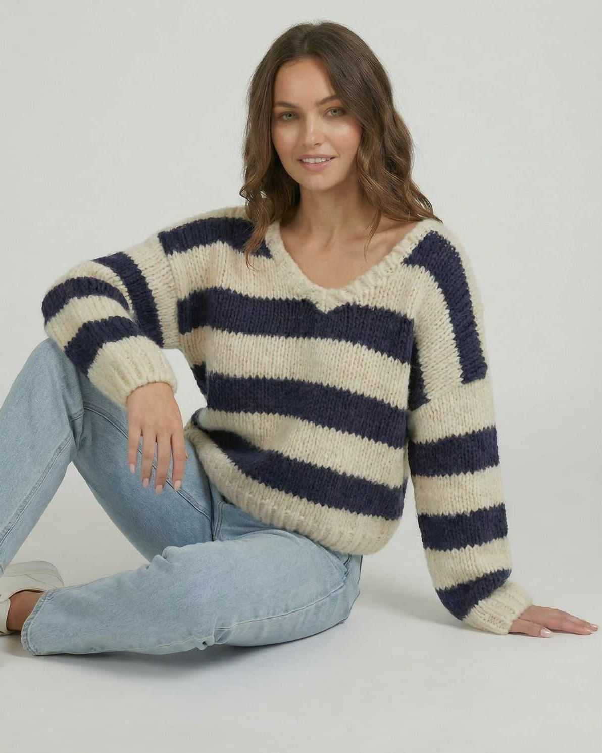 Capri Pullover by Lauven – Striped V-Neck Knit Sweater in Navy and Ivory with Relaxed Fit.