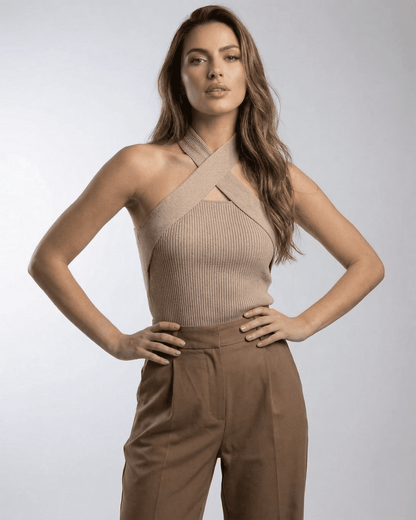 Capri Top by Lauven featuring a ribbed halter design, showcasing a refined silhouette and modern texture.