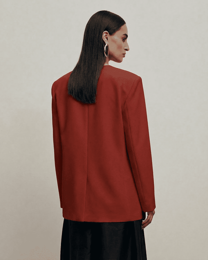 Carmine Blazer by Lauven, showcasing a fitted single-breasted design and structured silhouette in dark red.