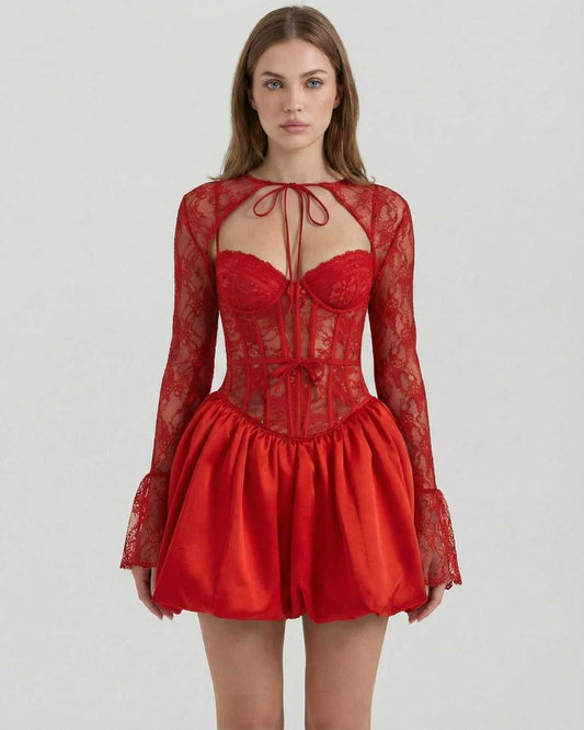 Carmine Mini Dress by Lauven — Red lace A-line mini dress with long sleeves and high waist.