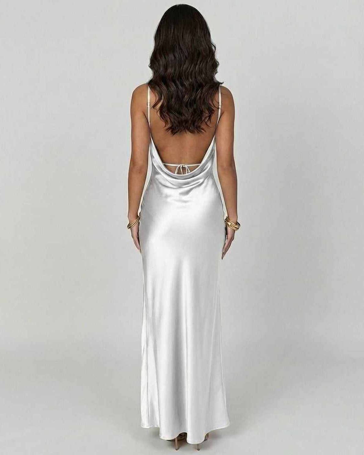 Back view of Celadon Maxi Dress by Lauven, showcasing silky material and elegant design.