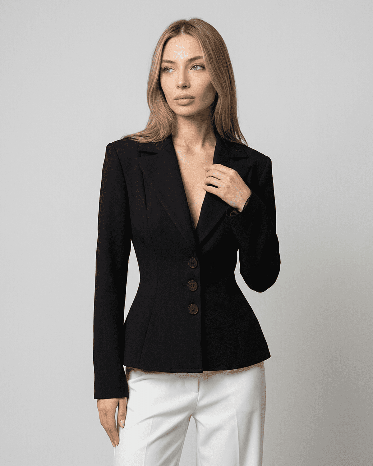 Celeste Blazer by Lauven, fitted waist V-neck tailored silhouette in black, showcasing a structured look.