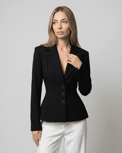Celeste Blazer by Lauven, fitted waist V-neck tailored silhouette in black, showcasing a structured look.