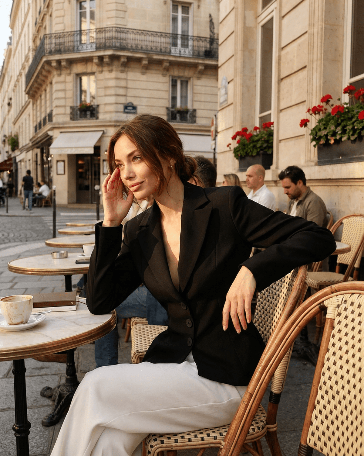 Celeste Blazer by Lauven worn by a woman at a café, showcasing its fitted waist and tailored silhouette.