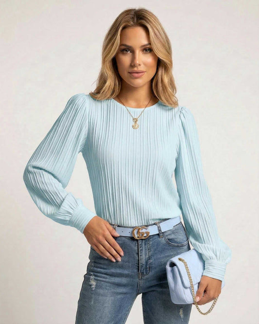 Celeste Blouse by Lauven - Elegant light blue pleated long sleeve top, stylish for any modern wardrobe.