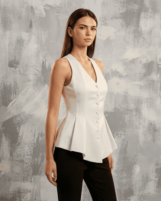 Celeste Blouse by Lauven, satin tailored sleeveless V-neck design with a polished look.