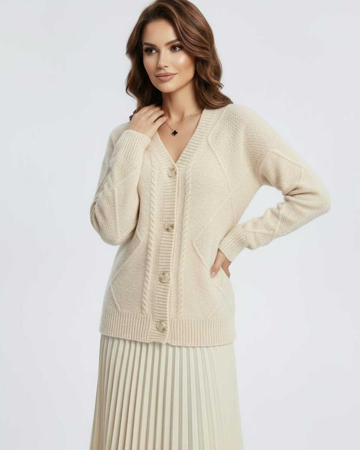 Celeste Cardigan by Lauven - Elegant long-sleeve knitwear with V-neck design in soft beige color.