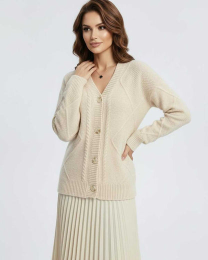 Celeste Cardigan by Lauven - Elegant long-sleeve knitwear with V-neck design in soft beige color.