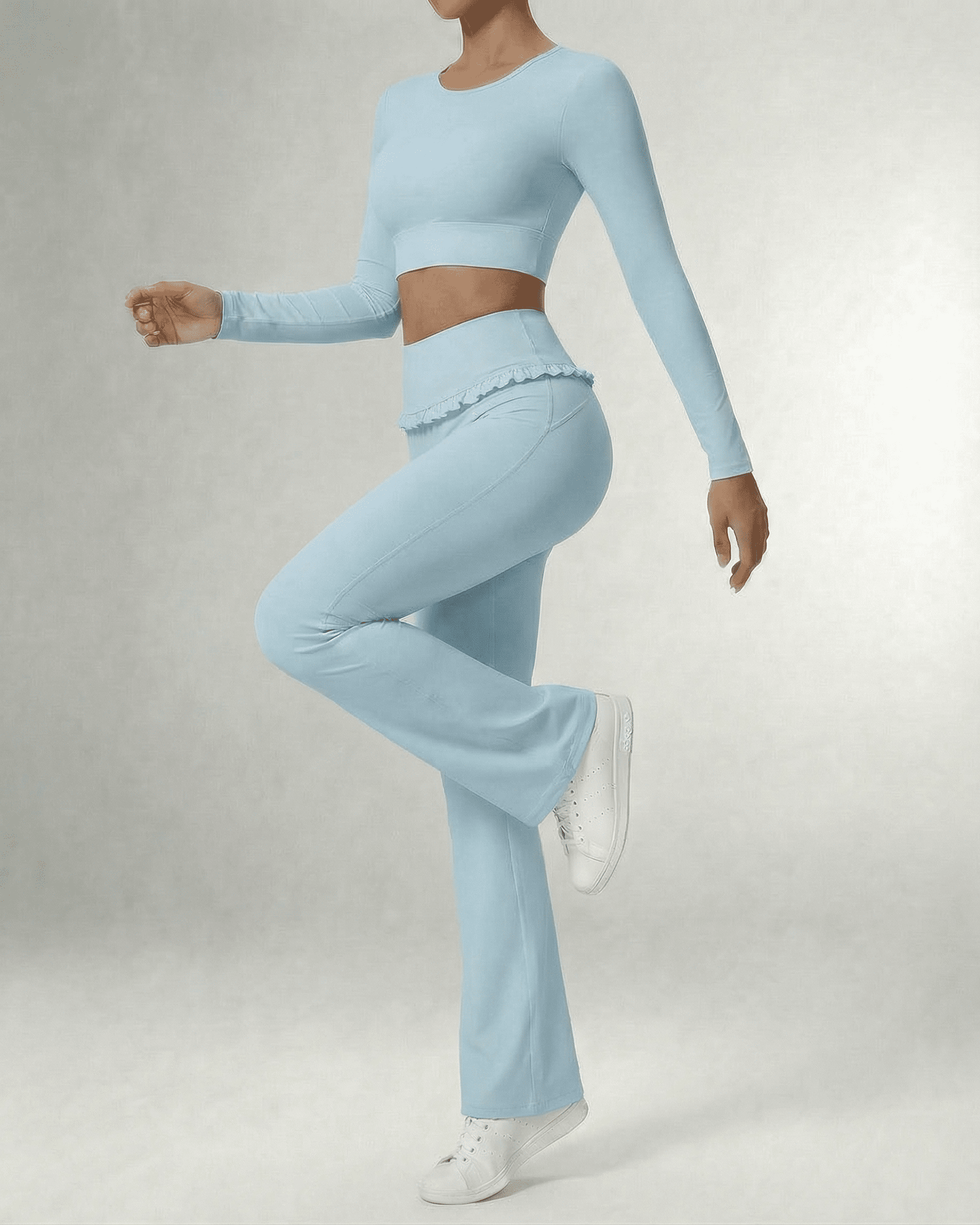 Celeste Leggings Blue by Lauven, stylish light blue flare pants showcasing comfort and elegance.