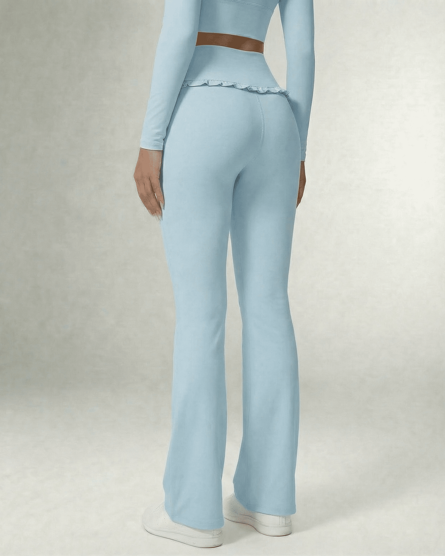 Celeste Leggings Blue by Lauven, showcasing stylish light blue flare pants with a comfortable fit and flattering design.